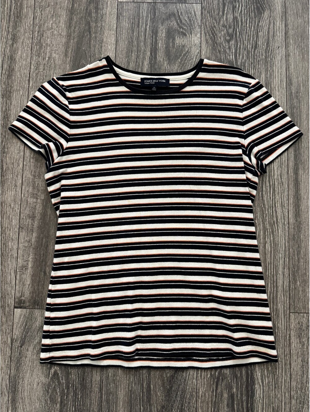 Jones New York Signature XL Striped Cotton Short Sleeve Crew Neck Tee
